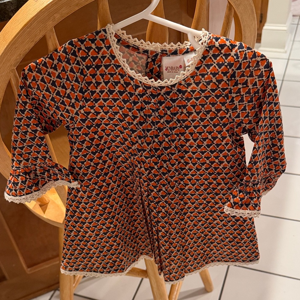 Yo Baby Auburn Orange Blue Geometric Patterned Baby Dress with Lace Trim